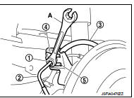 7. Remove the union bolt (1) and copper washers (2), and remove