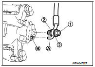 3. Install the brake tube (2) to the brake hose B (1), temporarily
