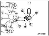 3. Install the brake tube (2) to the brake hose B (1), temporarily