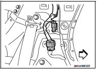 3. Remove rear washer hose (1) from hose mounting clip (A), and