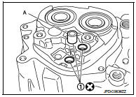 7. Install control shaft (1) and selector to transaxle case, and