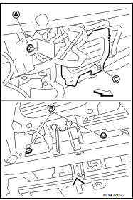 9. Remove clamps (A) and fluid cooler hose A (B).