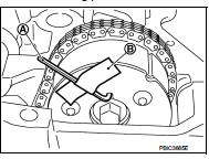 b. Turn the crankshaft pulley (1) slowly clockwise (A) and return