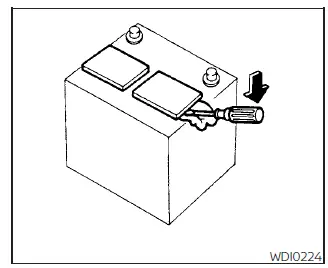 Using a screwdriver to carefully remove the vent caps from the Nissan Leaf 12-volt battery