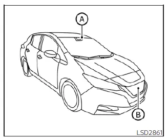 Front view of a Nissan Leaf showing the radar sensor and windshield camera used for the AEB with Pedestrian Detection system