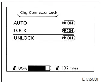 Dashboard interface displaying the charging connector lock settings menu for the Nissan Leaf