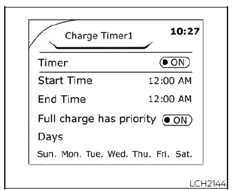 Overview of the Nissan Leaf charging timer configuration menu