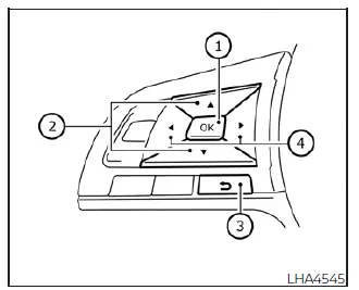 Nissan Leaf steering wheel controls layout highlighting the interface buttons used for navigating the vehicle display cluster menus