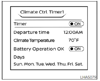Central NissanConnect infotainment screen layout showing the Climate Control Timer sub-menu options for models with a built-in Navigation System