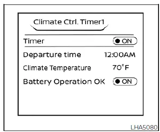 Monochromatic driver information display screen within the instrument cluster showing climate settings for models without a Navigation System