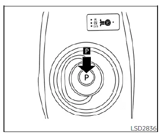 Top-down view of the Nissan Leaf electronic shift selector mechanism highlighting the location of the P Park button