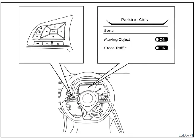 Nissan Leaf steering wheel controls for navigating the vehicle information display