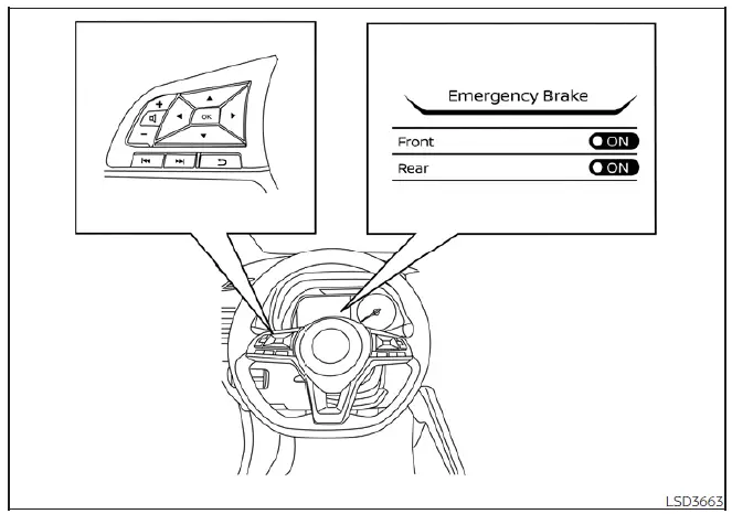 Menu interface on the Nissan Leaf driver information display for managing safety assistance settings