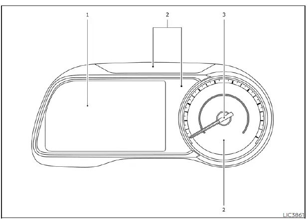 Digital instrument cluster of the Nissan Leaf displaying power usage, battery status, and driving range