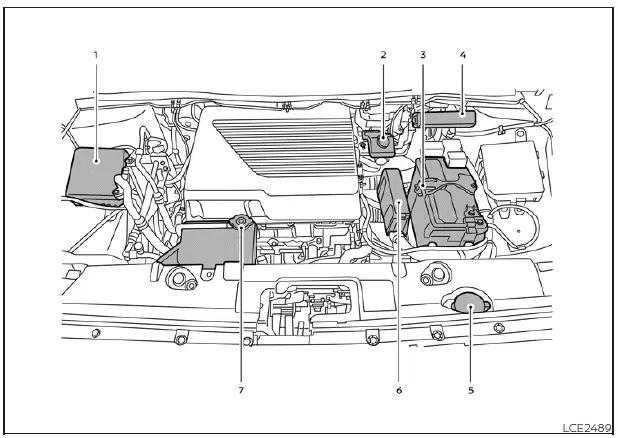Under-hood layout of the Nissan Leaf, identifying the 12-volt battery, fluid reservoirs, and electrical fuse locations