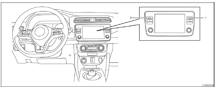 Nissan Leaf central infotainment screen displaying the multi-view Intelligent Around View Monitor layout with split-screen bird's-eye and rearview perspectives