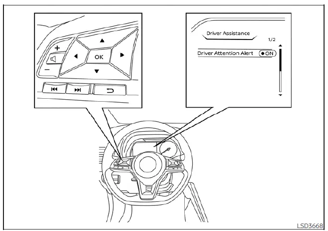 Dashboard menu navigation for Driver Assistance settings on a Nissan Leaf