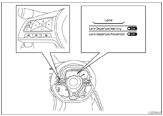 Close-up of the steering wheel control pad on a Nissan Leaf used to navigate the driver assistance setup menus