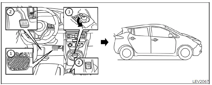 Driver using the shift lever in the Nissan Leaf to select a driving gear