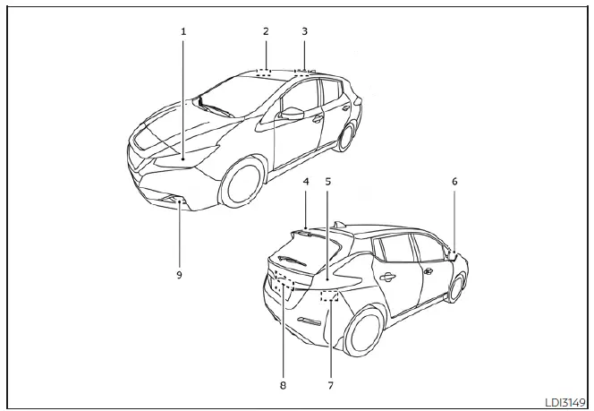 Diagram showing the locations of various exterior and interior lights on the Nissan Leaf