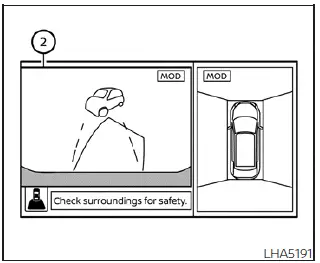 Nissan Leaf multimedia screen layout illustrating the combined rearview camera perspective alongside the stitched bird's-eye tracking grid