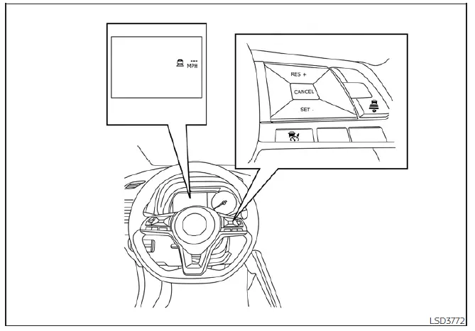 Illustration of Nissan Leaf radar sensor monitoring distance to a lead vehicle