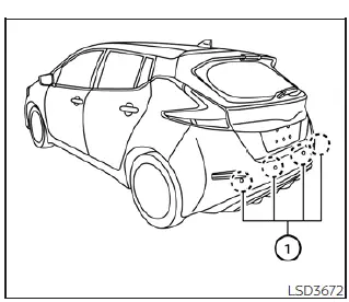 Rear view of a Nissan Leaf showing the location of the bumper-mounted parking sensors for the RAB system