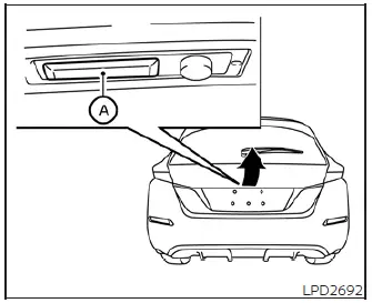 Location of the electronic rubber opener switch centered on the underside of the Nissan Leaf rear hatch handle lip