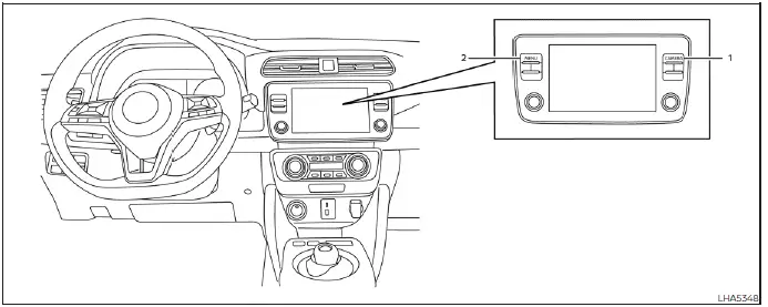 Close-up view of the center console display bezel showing the location of the physical CAMERA button and MENU button
