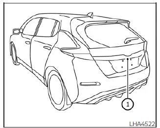 Location diagram highlighting the delicate backup camera module over the rear license plate of the Nissan Leaf