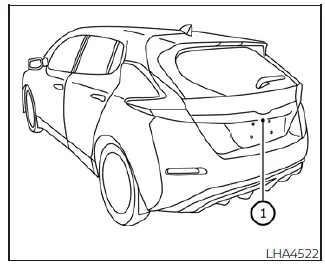 Location of the wide-angle backup camera lens tucked above the rear license plate frame of the Nissan Leaf