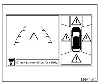 Nissan Leaf multimedia display interface showing the alert exclamation point icon when the camera system is temporarily unavailable