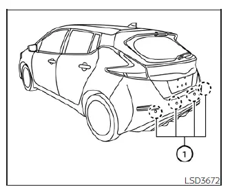 Rear view of a Nissan Leaf highlighting the locations of the parking sensors on the rear bumper