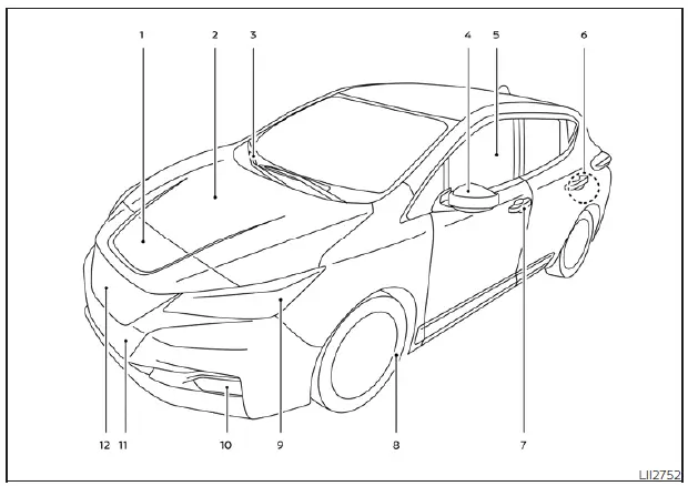 Exterior front view showing service points, lighting, and camera systems on the Nissan Leaf